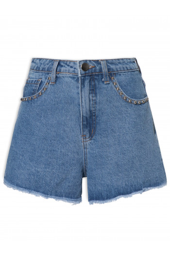 Short Feminino Jeans Com Tachas - Azul 