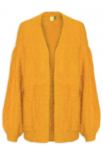 Cardigan Feminino Tricot Pelinho Com Bolso - Amarelo
