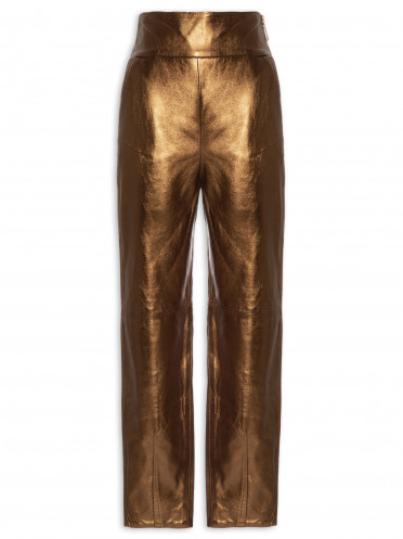 Calça Feminina De Couro Cintura Marcada Metalizada - Dourada