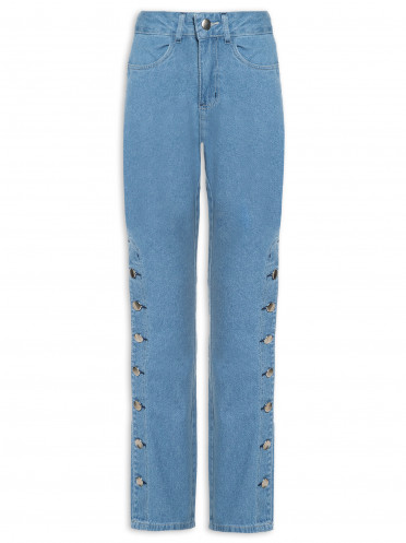 Calça Feminina Jeans Botões Laterais - Azul