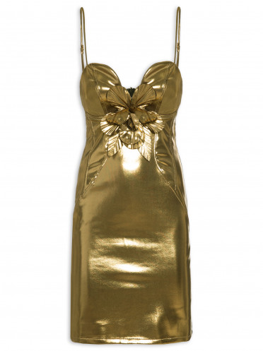 Vestido Curto Metalizado Com Flor - Dourado